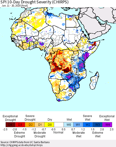 Africa SPI 10-Day Drought Severity (CHIRPS) Thematic Map For 1/11/2020 - 1/20/2020