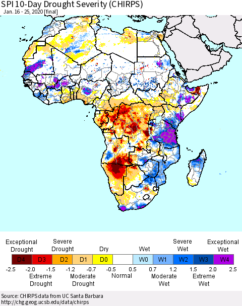 Africa SPI 10-Day Drought Severity (CHIRPS) Thematic Map For 1/16/2020 - 1/25/2020