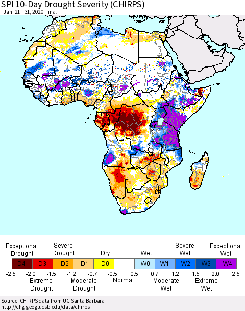 Africa SPI 10-Day Drought Severity (CHIRPS) Thematic Map For 1/21/2020 - 1/31/2020