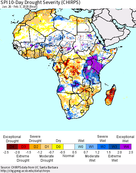 Africa SPI 10-Day Drought Severity (CHIRPS) Thematic Map For 1/26/2020 - 2/5/2020