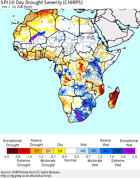 Africa SPI 10-Day Drought Severity (CHIRPS) Thematic Map For 2/1/2020 - 2/10/2020