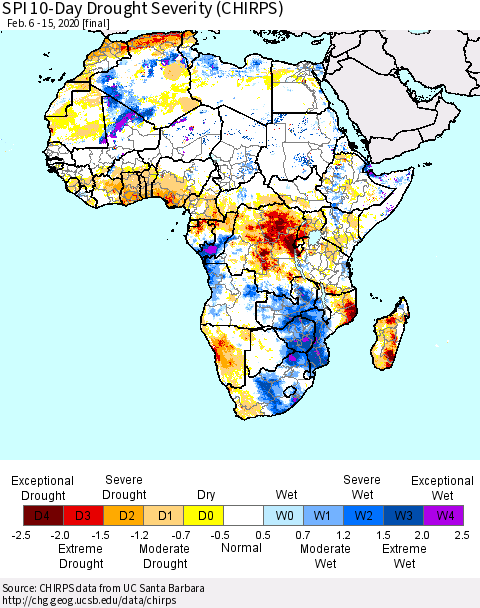 Africa SPI 10-Day Drought Severity (CHIRPS) Thematic Map For 2/6/2020 - 2/15/2020