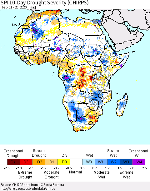 Africa SPI 10-Day Drought Severity (CHIRPS) Thematic Map For 2/11/2020 - 2/20/2020
