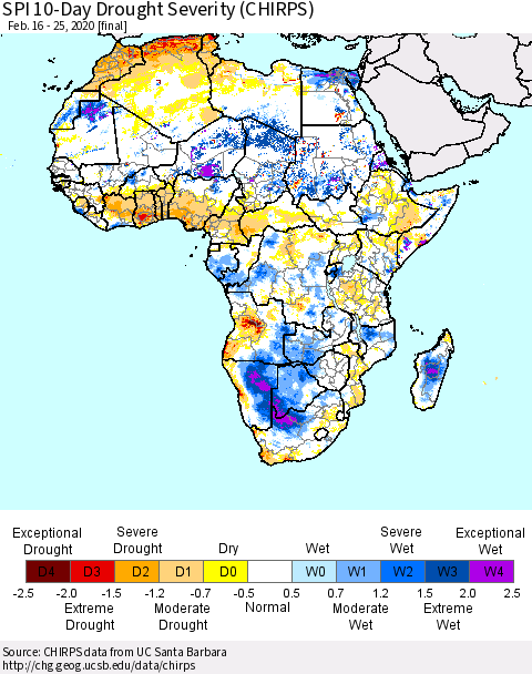 Africa SPI 10-Day Drought Severity (CHIRPS) Thematic Map For 2/16/2020 - 2/25/2020