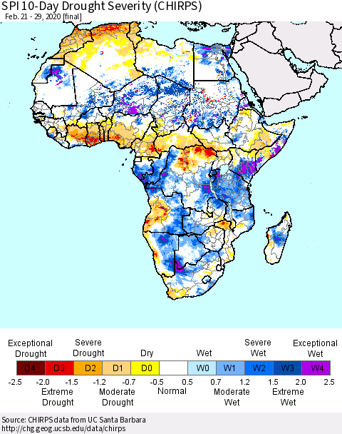 Africa SPI 10-Day Drought Severity (CHIRPS) Thematic Map For 2/21/2020 - 2/29/2020