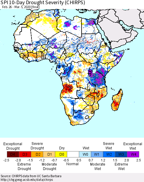 Africa SPI 10-Day Drought Severity (CHIRPS) Thematic Map For 2/26/2020 - 3/5/2020