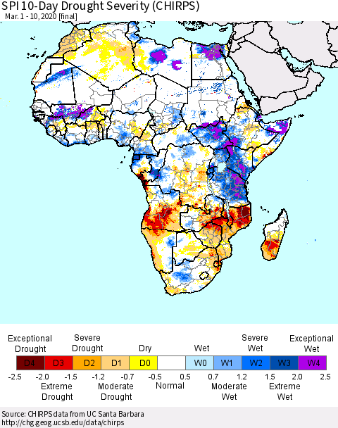 Africa SPI 10-Day Drought Severity (CHIRPS) Thematic Map For 3/1/2020 - 3/10/2020