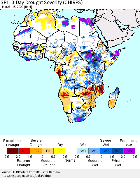 Africa SPI 10-Day Drought Severity (CHIRPS) Thematic Map For 3/6/2020 - 3/15/2020