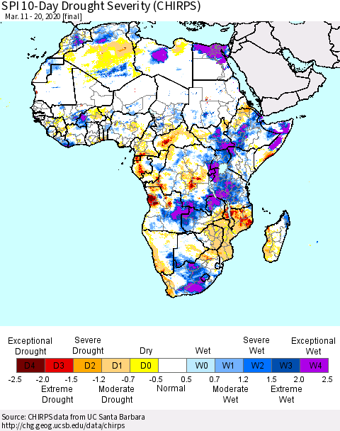 Africa SPI 10-Day Drought Severity (CHIRPS) Thematic Map For 3/11/2020 - 3/20/2020