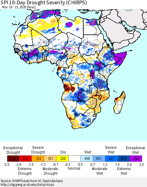 Africa SPI 10-Day Drought Severity (CHIRPS) Thematic Map For 3/16/2020 - 3/25/2020