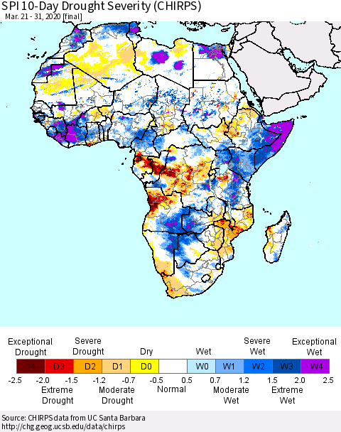 Africa SPI 10-Day Drought Severity (CHIRPS) Thematic Map For 3/21/2020 - 3/31/2020