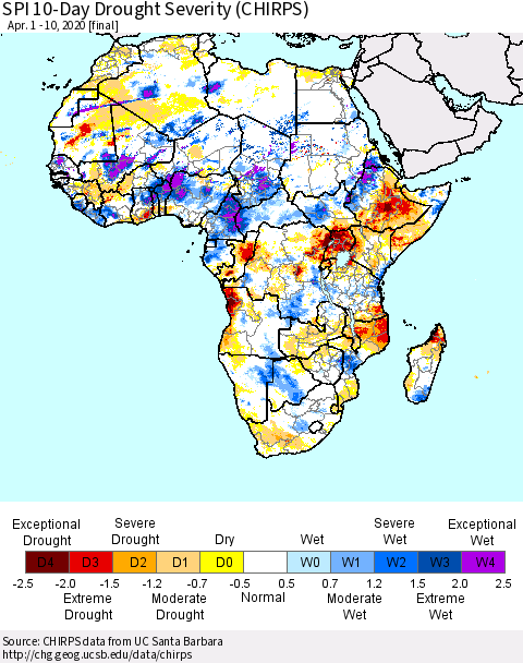 Africa SPI 10-Day Drought Severity (CHIRPS) Thematic Map For 4/1/2020 - 4/10/2020