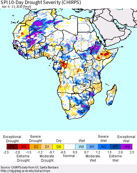 Africa SPI 10-Day Drought Severity (CHIRPS) Thematic Map For 4/6/2020 - 4/15/2020