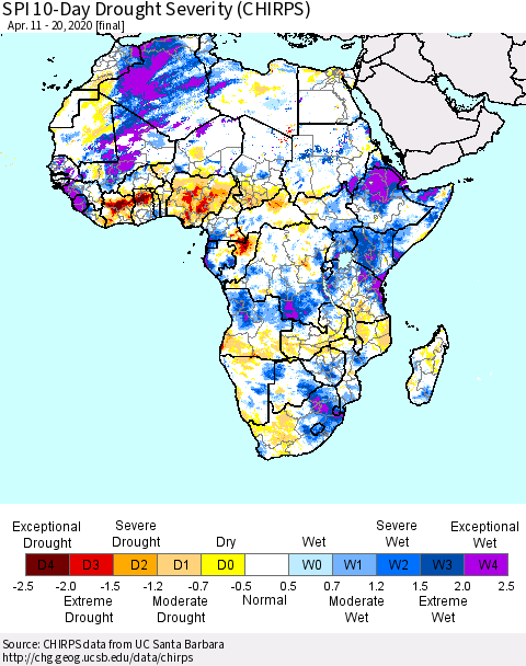 Africa SPI 10-Day Drought Severity (CHIRPS) Thematic Map For 4/11/2020 - 4/20/2020