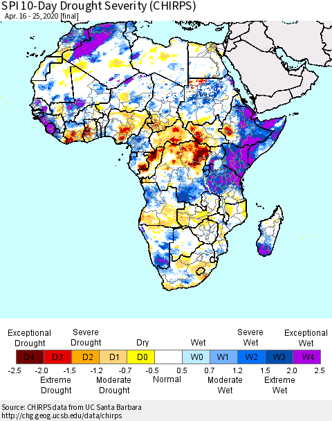 Africa SPI 10-Day Drought Severity (CHIRPS) Thematic Map For 4/16/2020 - 4/25/2020