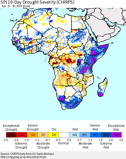 Africa SPI 10-Day Drought Severity (CHIRPS) Thematic Map For 4/21/2020 - 4/30/2020