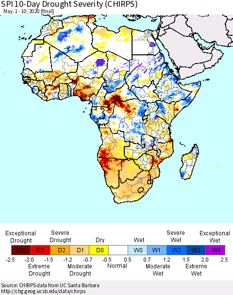 Africa SPI 10-Day Drought Severity (CHIRPS) Thematic Map For 5/1/2020 - 5/10/2020