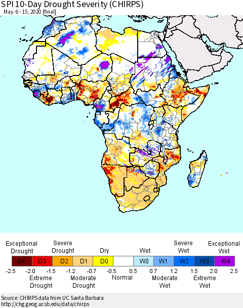Africa SPI 10-Day Drought Severity (CHIRPS) Thematic Map For 5/6/2020 - 5/15/2020