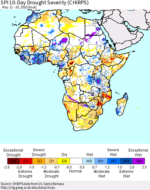 Africa SPI 10-Day Drought Severity (CHIRPS) Thematic Map For 5/11/2020 - 5/20/2020