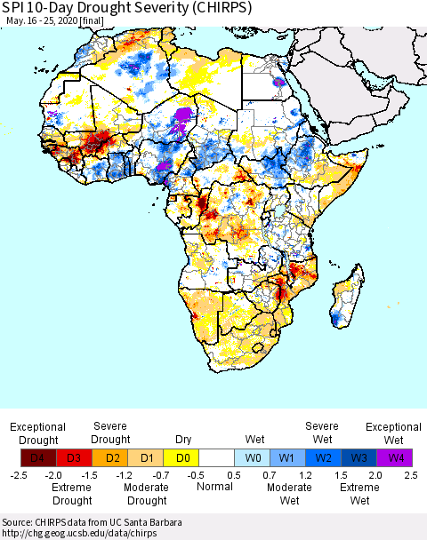 Africa SPI 10-Day Drought Severity (CHIRPS) Thematic Map For 5/16/2020 - 5/25/2020