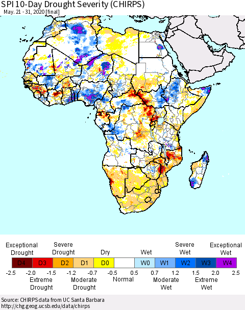 Africa SPI 10-Day Drought Severity (CHIRPS) Thematic Map For 5/21/2020 - 5/31/2020