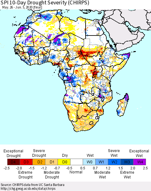 Africa SPI 10-Day Drought Severity (CHIRPS) Thematic Map For 5/26/2020 - 6/5/2020