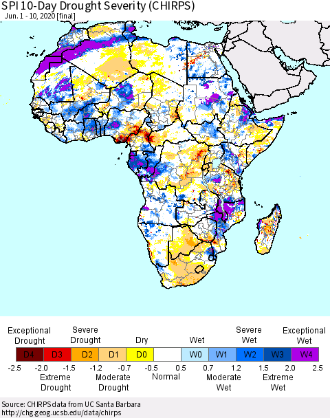 Africa SPI 10-Day Drought Severity (CHIRPS) Thematic Map For 6/1/2020 - 6/10/2020