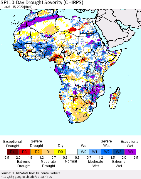 Africa SPI 10-Day Drought Severity (CHIRPS) Thematic Map For 6/6/2020 - 6/15/2020