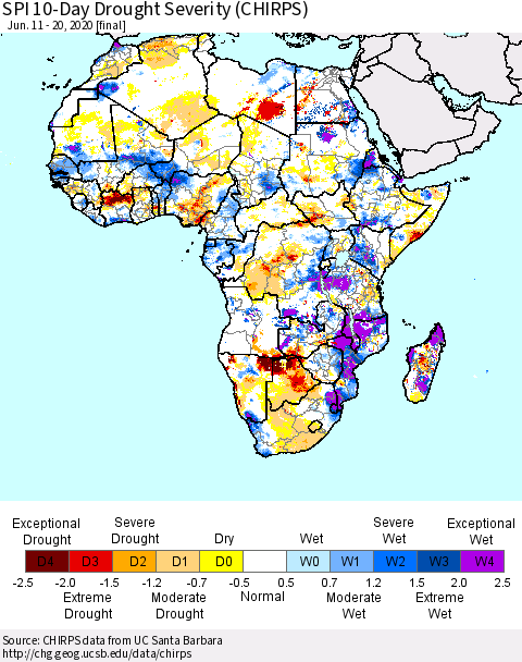 Africa SPI 10-Day Drought Severity (CHIRPS) Thematic Map For 6/11/2020 - 6/20/2020
