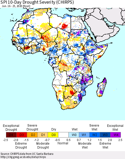 Africa SPI 10-Day Drought Severity (CHIRPS) Thematic Map For 6/16/2020 - 6/25/2020