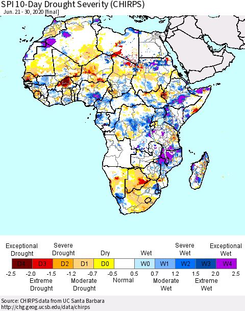 Africa SPI 10-Day Drought Severity (CHIRPS) Thematic Map For 6/21/2020 - 6/30/2020