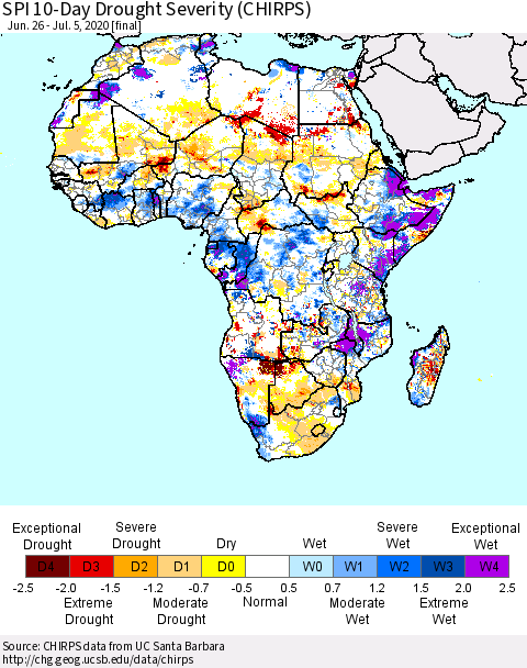 Africa SPI 10-Day Drought Severity (CHIRPS) Thematic Map For 6/26/2020 - 7/5/2020