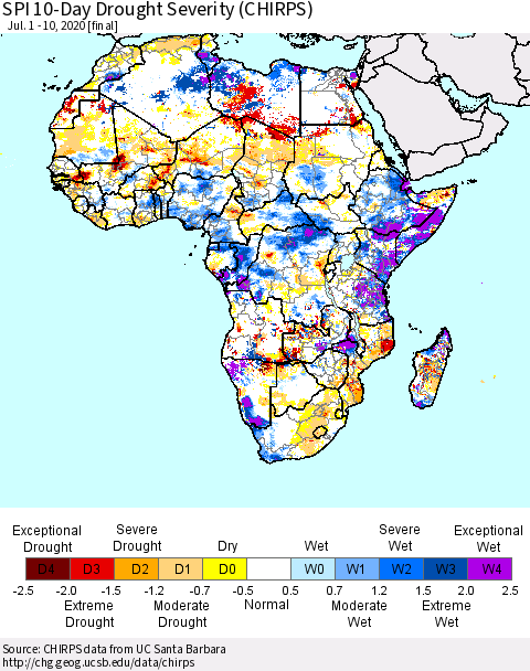 Africa SPI 10-Day Drought Severity (CHIRPS) Thematic Map For 7/1/2020 - 7/10/2020