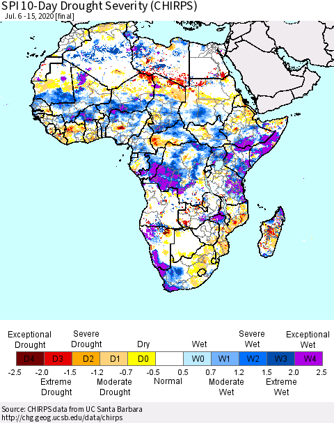 Africa SPI 10-Day Drought Severity (CHIRPS) Thematic Map For 7/6/2020 - 7/15/2020