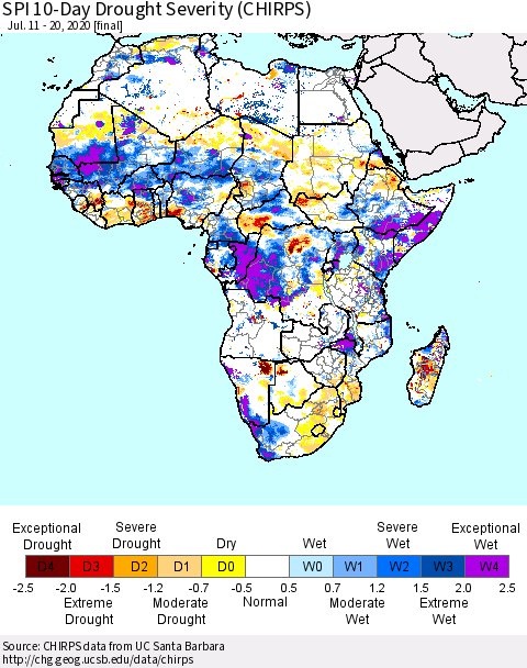 Africa SPI 10-Day Drought Severity (CHIRPS) Thematic Map For 7/11/2020 - 7/20/2020