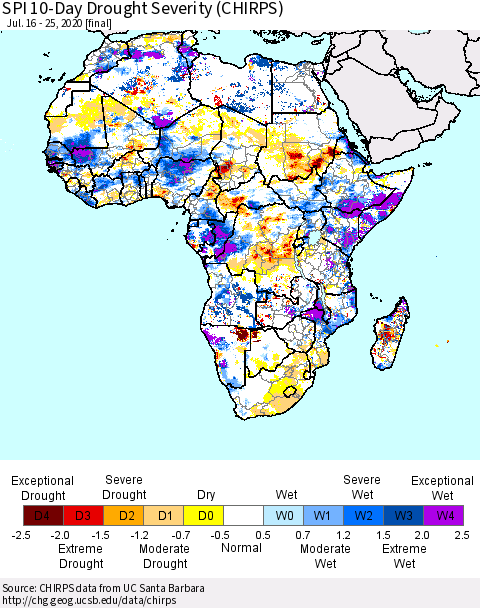 Africa SPI 10-Day Drought Severity (CHIRPS) Thematic Map For 7/16/2020 - 7/25/2020
