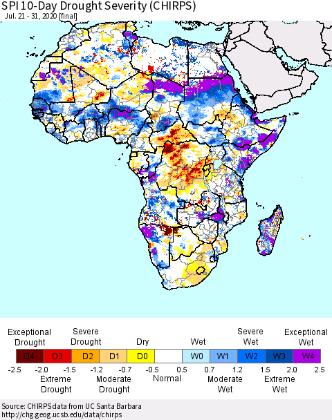 Africa SPI 10-Day Drought Severity (CHIRPS) Thematic Map For 7/21/2020 - 7/31/2020