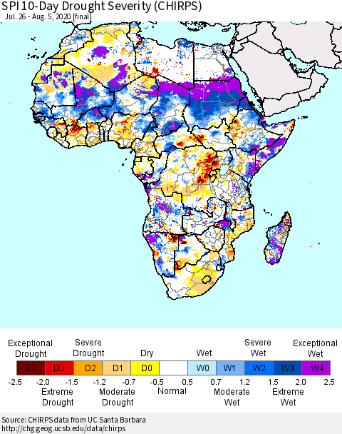 Africa SPI 10-Day Drought Severity (CHIRPS) Thematic Map For 7/26/2020 - 8/5/2020