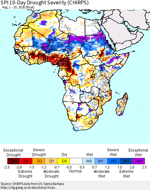 Africa SPI 10-Day Drought Severity (CHIRPS) Thematic Map For 8/1/2020 - 8/10/2020