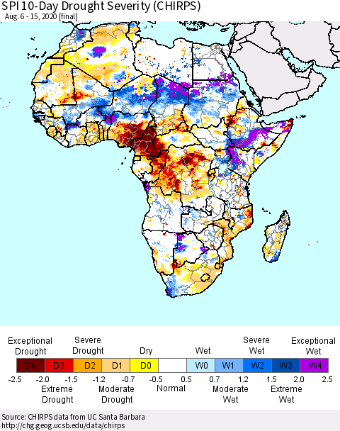 Africa SPI 10-Day Drought Severity (CHIRPS) Thematic Map For 8/6/2020 - 8/15/2020