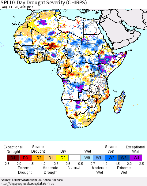 Africa SPI 10-Day Drought Severity (CHIRPS) Thematic Map For 8/11/2020 - 8/20/2020