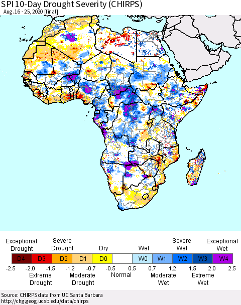 Africa SPI 10-Day Drought Severity (CHIRPS) Thematic Map For 8/16/2020 - 8/25/2020