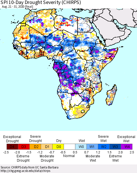 Africa SPI 10-Day Drought Severity (CHIRPS) Thematic Map For 8/21/2020 - 8/31/2020