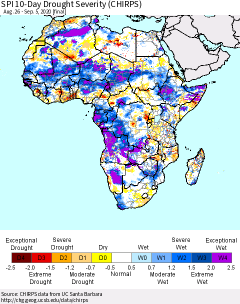 Africa SPI 10-Day Drought Severity (CHIRPS) Thematic Map For 8/26/2020 - 9/5/2020