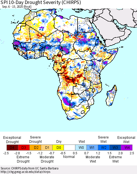 Africa SPI 10-Day Drought Severity (CHIRPS) Thematic Map For 9/6/2020 - 9/15/2020
