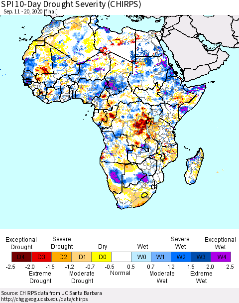 Africa SPI 10-Day Drought Severity (CHIRPS) Thematic Map For 9/11/2020 - 9/20/2020
