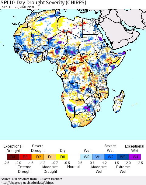 Africa SPI 10-Day Drought Severity (CHIRPS) Thematic Map For 9/16/2020 - 9/25/2020