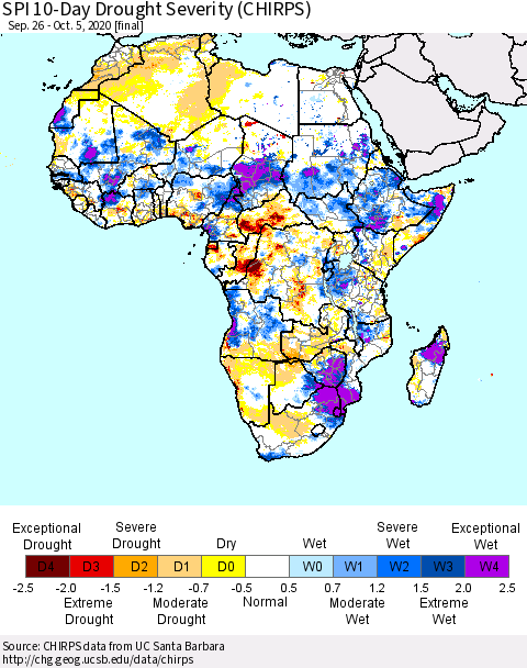 Africa SPI 10-Day Drought Severity (CHIRPS) Thematic Map For 9/26/2020 - 10/5/2020