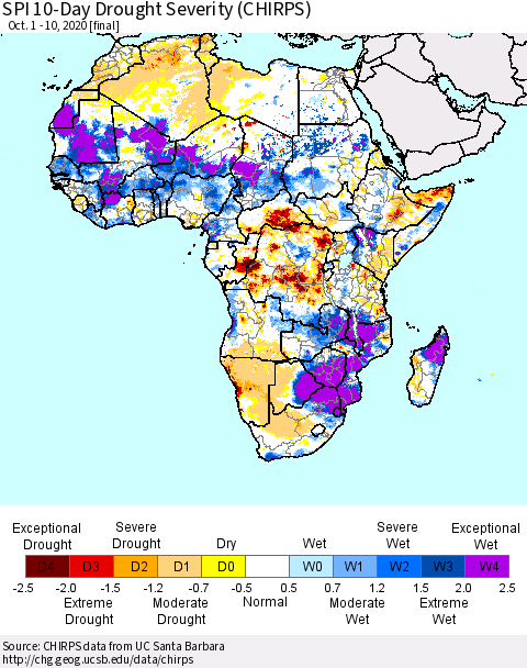Africa SPI 10-Day Drought Severity (CHIRPS) Thematic Map For 10/1/2020 - 10/10/2020
