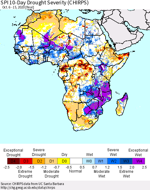 Africa SPI 10-Day Drought Severity (CHIRPS) Thematic Map For 10/6/2020 - 10/15/2020